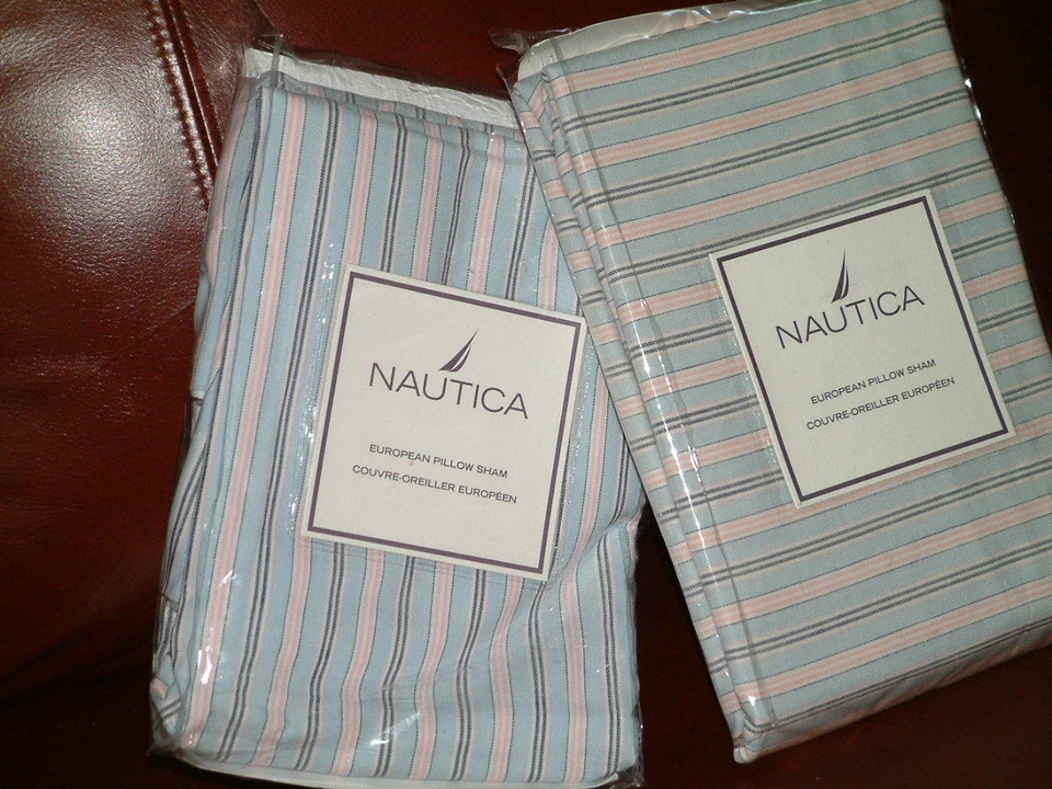 NAUTICA GREENWICH РОЗОВЫЙ СИНИЙ ПОЛОСКИ EURO SHAMS РЕДКАЯ  - Изображение 1 из 1