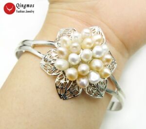 Natural Rice White Pink Pearl Flower Silver Plate Open Cuff Bracelet for Women