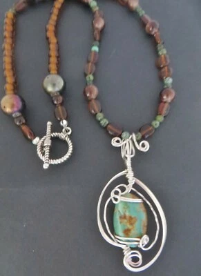 African Turquoise Necklace Pendant Sterling silver wire - Image 1 of 4