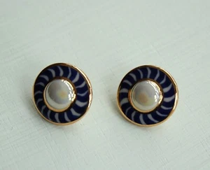 Vintage 80s ceramic blue and gold stud earrings - Picture 1 of 7