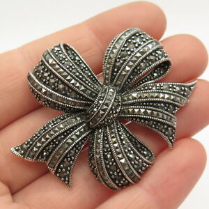 925 Sterling Silver Vintage Real Marcasite Gemstone Bow Pin Brooch