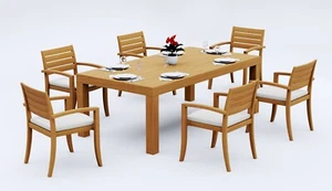 7-Piece Outdoor Teak Dining Set: 86" Rectangle Table, 6 Stacking Arm Chairs Trav - Picture 1 of 8