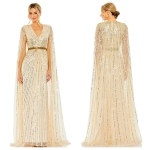 Mac Duggal Sequined V-Neck Gown Maxi Dress Cape Sleeves Nude Size 16W NWT - Picture 1 of 12