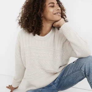 Madewell Cashmere Sweater Medium Cableknit Crewneck Boxy Beige Cream - Picture 1 of 9