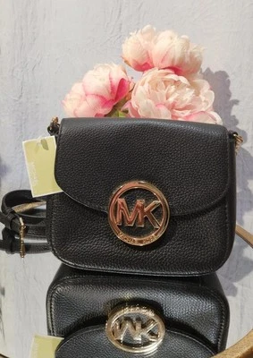 NWT MICHAEL KORS  Mini Fulton Black Leather Crossbody Metal Strap - Image 1 of 4
