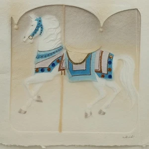 Wesley Smith Carousel Horse Print Signed WESS Embossed Gold Frame 20.25" Square - Picture 1 of 8