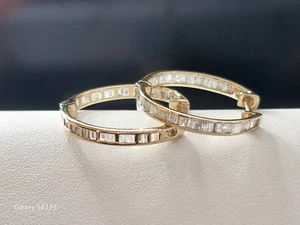 NEW. TJC. 9ct Gold 1ct Baguette Cut Diamond Hoop Earrings. COST £599 - Picture 1 of 8