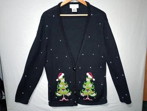 Mandal Bay Womens Holiday Sweater Black Embroidered Tree Long Sleeve XL Retro - Picture 1 of 7