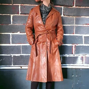Vintage 70s Cognac Brown Tan Leather Trench Coat XS/S Belted Mid-length Pockets - Picture 1 of 12