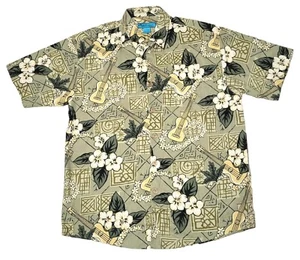 Paradise Blue Hawaiian Shirt. Flowers and Ukulele Pattern Size L Olive Green - Picture 1 of 10