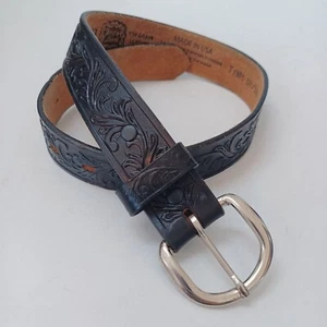 Tony Lama Youth Belt Black Tooled Leather Silver Tone Buckle Western Style - Picture 1 of 8