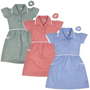 Kids Girls Pack Of 2 Uniform School Dress Gingham Dress With Matching Scrunchies - Picture 1 of 23