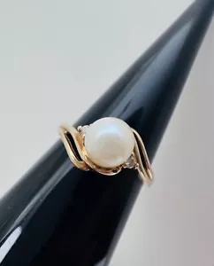 Estate Solid 10K Yellow Gold 6mm Freshwater Pearl .05ctw Diamond Ring sz 7, 2.6g - Picture 1 of 17