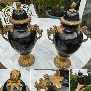 👀PAIR Vintage Louis XVI SEVRES Style Porcelain Lidded Vases Gilded Ormolu 13.5” - Picture 1 of 20