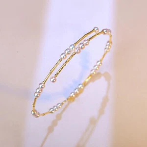 Pure 18K Gold Mini Japanese Akoya 3-4mm Pearl Elastic Bracelet Bangle - Picture 1 of 6