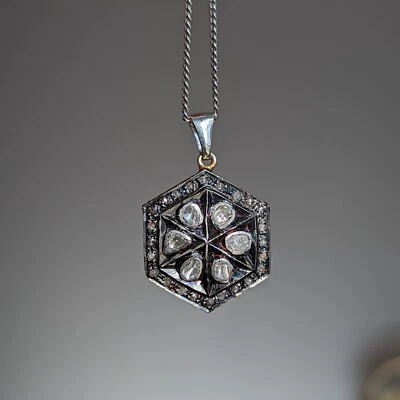 Винтажная подвеска в стиле ар-деко с кластером бриллиантов розовой огранки шестиугольник золото позолота серебро 925 - Изображение 1 из 4