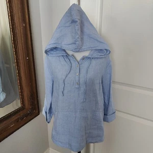 Tahari 100% Linen Hooded Pocketed Tunic Top Shirt Womens M Beachy Coastal Blue - Picture 1 of 14