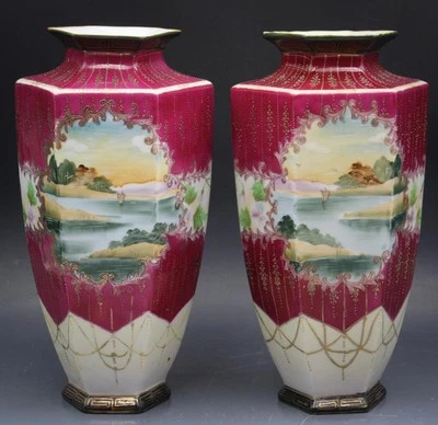 Pair Japanese Nippon Porcelain Mantel Vases w/ Landscapes Morimura Bros - Image 1 of 4