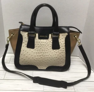 London Fog Handbag Shoulder Strap Double Handles Vegan Ostrich Beige Tan Black - Bild 1 von 11