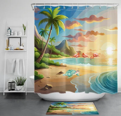 Ocean Beach Palm Tree Pink Flamingo Shower Curtain Bathroom Accessories Set - Image 1 of 4