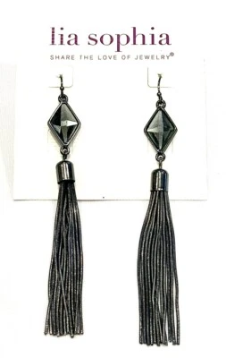Lia Sophia Contessa Hematite Tone Drop Dangle Chains Earrings w/Cut Crystal - Image 1 of 4