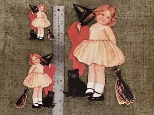 Sie wählen Vintage inspiriert Mädchen Hexe Umhang Katze Besen Halloween Karton Dekoration - Bild 1 von 5