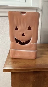 Vintage Terracotta Halloween Jack-O'-Lantern Pumpkin Bag Candle Holders 10" - Picture 1 of 6