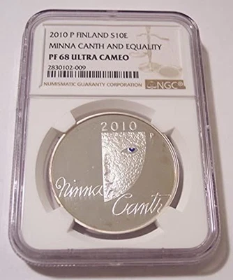 Finlandia 2010 P Plata 10 Euros Minna Canth e Igualdad PF68 CÁMARA NGC Baja De Colección Foto 1 de 2