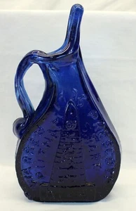 HARKO Art Glass Pitcher BUNKER HILL Cobalt Blue 9 1/2" MASONIC MASONS Folk Art - Picture 1 of 10