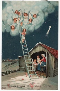 AK Weihnachten, Maria mit Jesus, kleine Engel steigen von Himmelsleiter - Bild 1 von 2