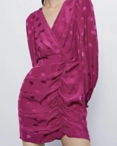 ZARA Hot Pink Fuchsia Mini Dress Polka Dot Satin Effect - Size XS - Picture 1 of 7