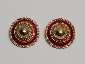 Clip Earrings Round Red Enamel Gold Tone Rope Detail Large 1" Smooth Vintage - Bild 1 von 9