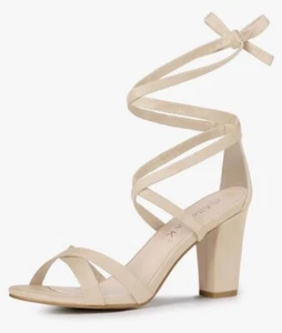 Lace-Up Sandal Heels - Beige - Block Heel - Faux Suede - size 7 - NWOT - Picture 1 of 5