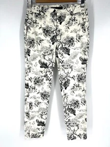 ZARA White Black Floral Print Chino Ankle Crop Pants Size 2 Flat Front - Picture 1 of 15