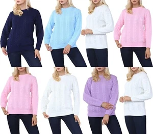 Womens Crew Neck Chain Link Pattern Long Sleeve Chunky Cable Knitted Jumper - Picture 1 of 31