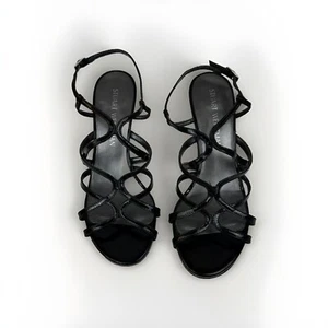 Stuart Weitzman Black Patent Leather Strappy Sandals Kitten Heels 7 Made Spain - Picture 1 of 17