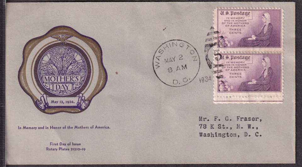 1934 Mothers of America Sc 737-61c F. L. Rice FDC cachet gray envelope (EB - Image 1 of 1