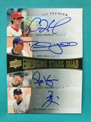 2008 UD PREMIER COLE HAMELS RICH HILL KAZMIR KEI IGAWA 3/5 QUAD AUTO EMERGING A2 - Image 1 of 4