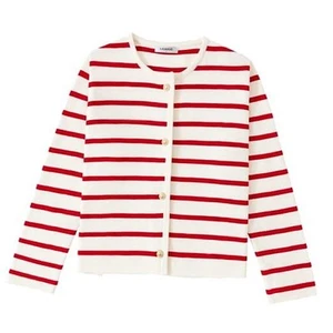 Women's Striped Cardigan Sweater Trendy Long Sleeve Button Medium Red+white - Picture 1 of 7