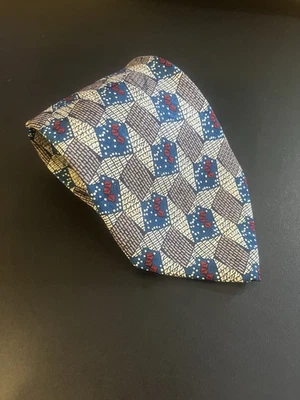 复古 Enrico Coveri 男式丝绸领带意大利制造几何米色蓝色红色 — 第 1/4 张图片