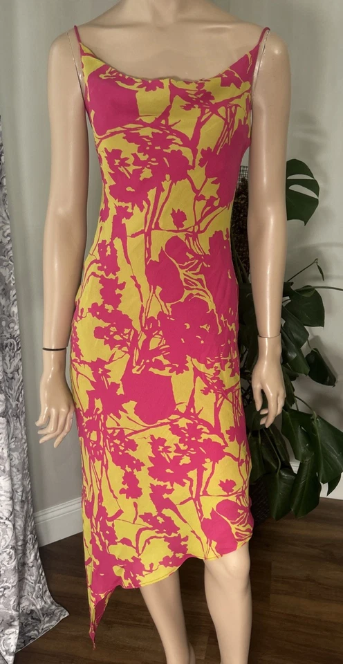 Vestido sin Mangas Vintage Morrell Maxie Años 90 100% Seda Midi Asimétrico Hada Foto 1 de 4