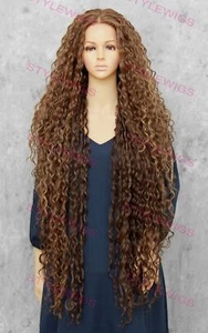 Peluca de mezcla de cabello humano frontal con rizos en espiral extra largos marrón claro/rubio EVGP - Imagen 1 de 9