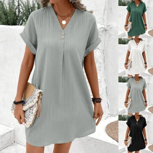 Women's Short Sleeve Button V-Neck Mini Dress Summer Casual Loose Shirt Dress US - Picture 1 of 20