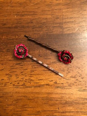 Two Flower Bronze Tone Red Rhinestones Hair Pins - Image 1 of 3