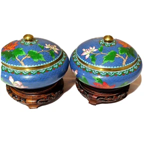 Par de cuencos con tapa esmaltados azules cloisonne espejo chino pájaros florales con soportes 2 - Imagen 1 de 12
