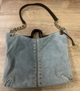 MICHAEL KORS Uptown Astor Slate Blue Suede W/ Brown Leather & Gold Studs & Chain - Picture 1 of 8