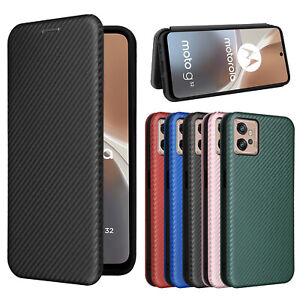For Motorola Case Magnetic Flip Carbon Fiber Leather Wallet Phone Cover + Strap