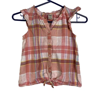 Oshkosh Youth Girls Sleeveless Button Up Plaid Top  Size 8 Tie Waist Ruffle Trim - Picture 1 of 4