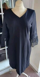 Talbots Damen V-Ausschnitt Ponte Reißverschluss Etui schwarz Häkelspitze Glockenärmel Kleid 14P - Bild 1 von 5