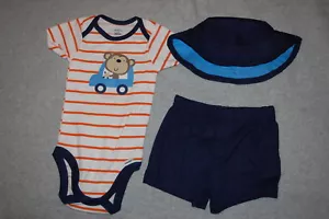 Baby Boys 3 PC OUTFIT Orange Navy Blue MONKEY IN CAR T-Shirt Shorts Hat SIZE 0-3 - Picture 1 of 1